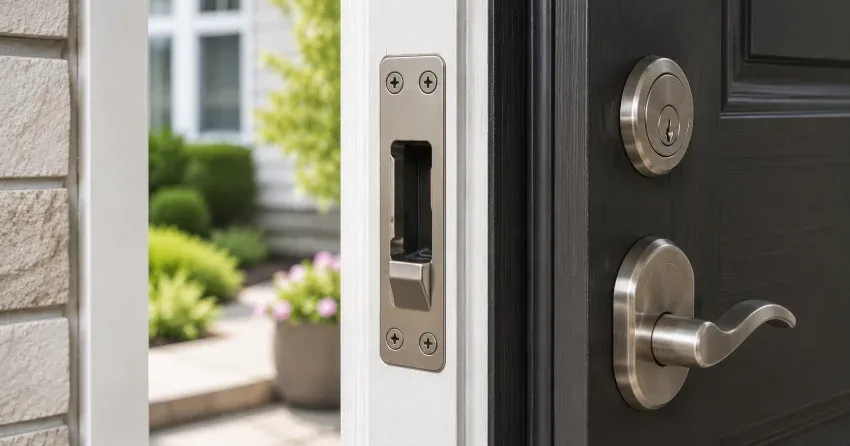 technician repairing a split door jamb near the strike plate in Beverley Glen, Vaughan