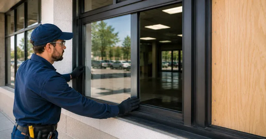 technician boarding a broken window after a break-in in Patterson, Vaughan
