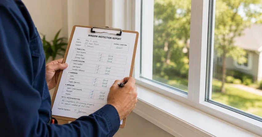 technician inspecting window seal and frame in Vaughan