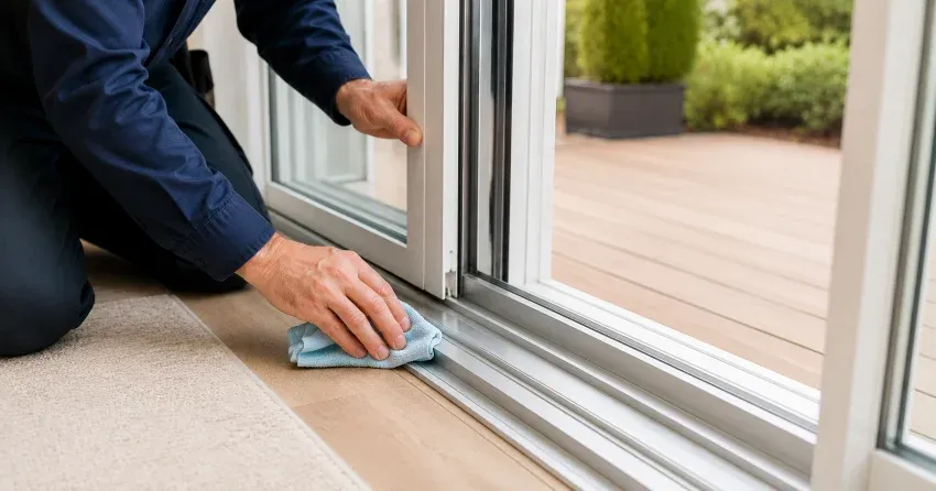 technician inspecting a sliding patio door track in Vaughan