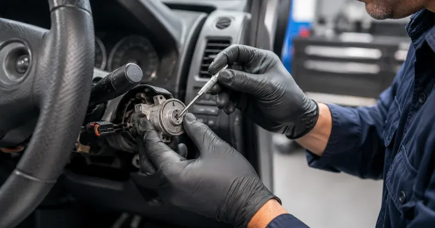 technician diagnosing an ignition lock repair issue in Vaughan