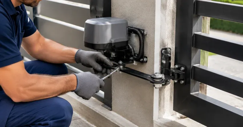 technician diagnosing automatic gate motor and control panel in Maple, Vaughan