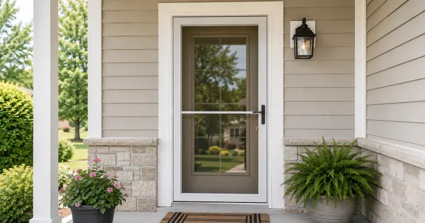 technician hanging storm door square and plumb in Pine Valley, Vaughan