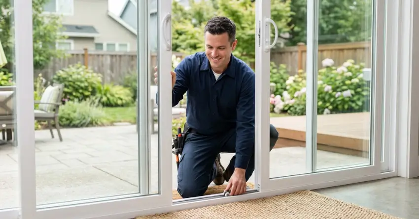 technician diagnosing a sticking patio door in Maple, Vaughan