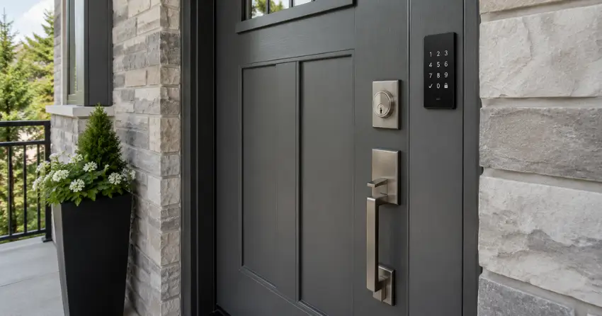 High-security door hardware and access control keypad installed on a residential entry door in Neighborhood, Vaughan