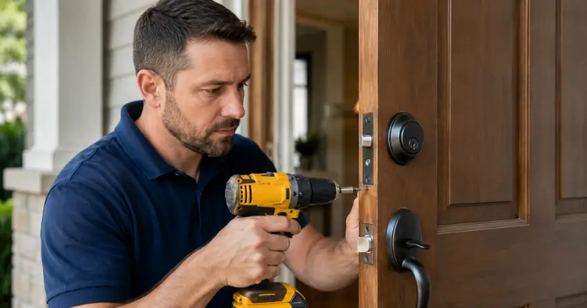 technician installing a new deadbolt during Change Door Lock Vaughan service