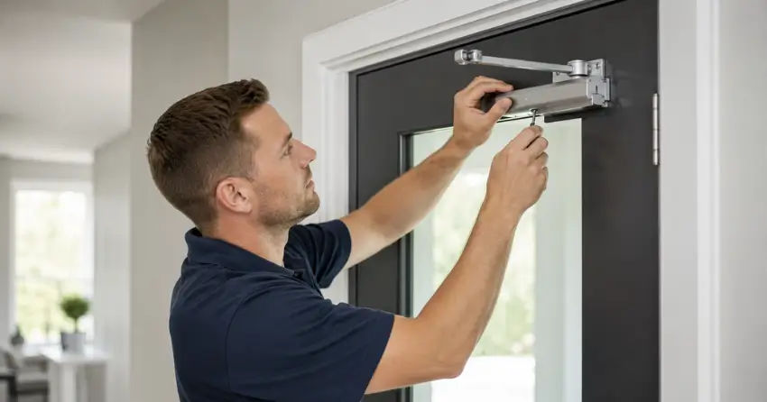 technician adjusting door closer hydraulic valve in Patterson, Vaughan home