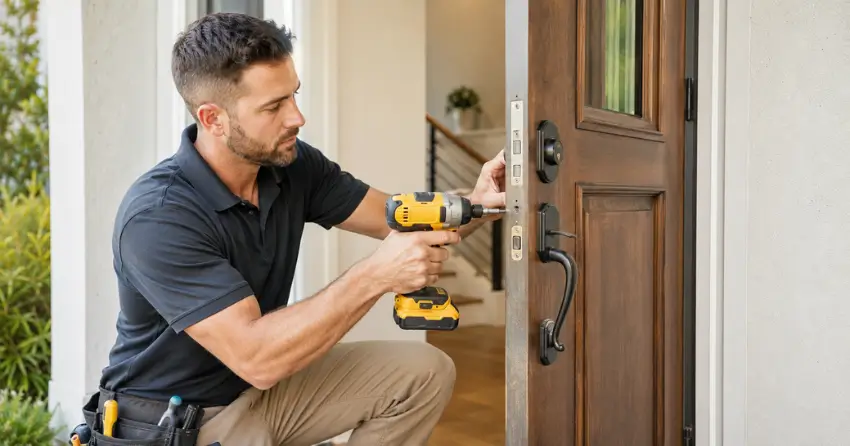 locksmith installing new deadbolt lock on front door in Maple, Vaughan
