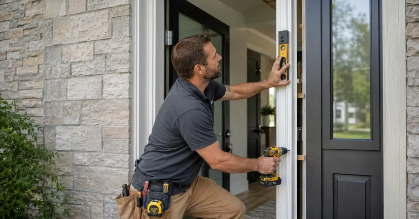 technician installing a new exterior door frame in Vaughan