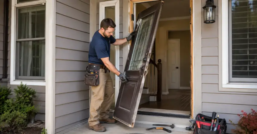 old exterior door being removed for replacement in Patterson, Vaughan