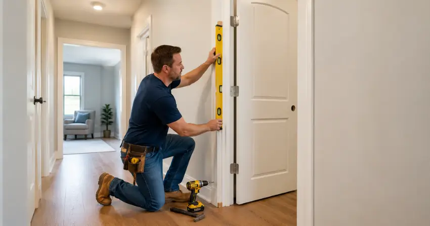 technician installing a pre-hung interior door in a home hallway Maple, Vaughan