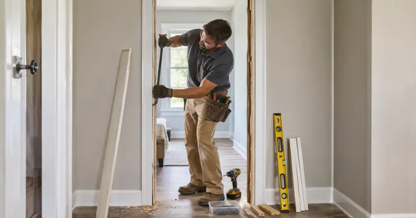 technician removing an old interior door frame during installation Vaughan
