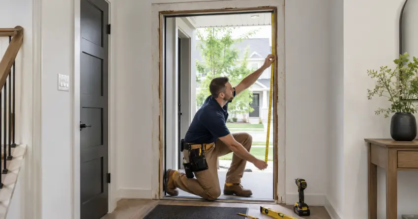 technician measuring a door frame before new door installation in Vaughan Grove, Vaughan