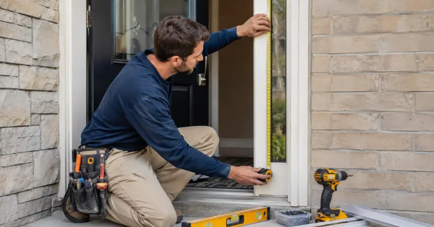 technician measuring door frame before storm door install in Patterson, Vaughan