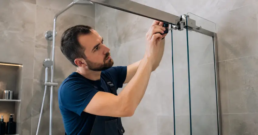 technician adjusting shower door hinge and track in Vaughan