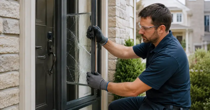 technician removing cracked storm door glass panel in Brownridge, Vaughan