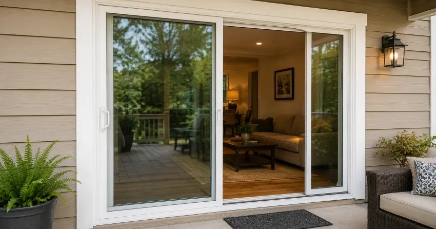Patio Door Installation technician setting a new frame in Vaughan