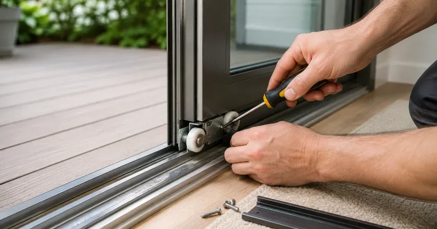 sliding door fix Patterson, Vaughan technician diagnosing track issue