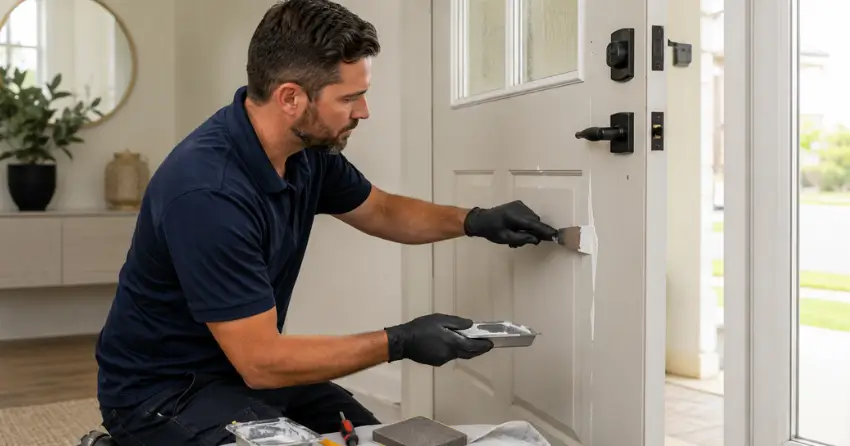technician repairing fiberglass door surface crack in Patterson, Vaughan