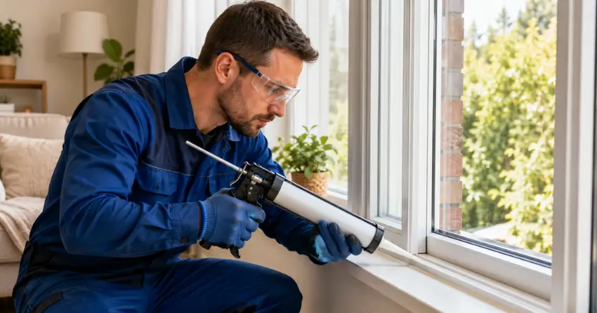 technician repairing window seal and frame in Vaughan