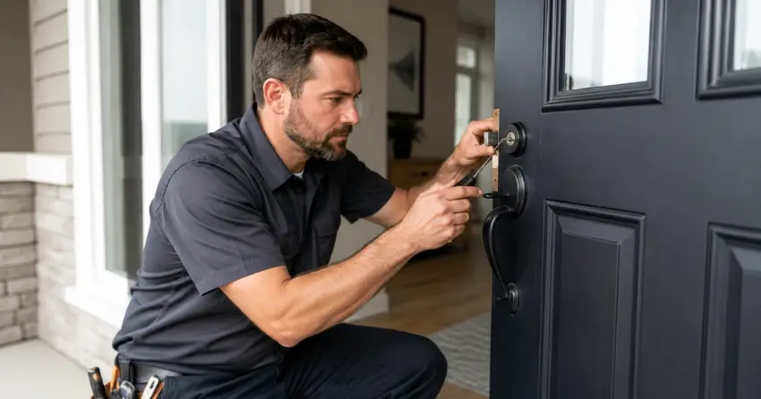 licensed locksmith technician working on residential deadbolt in Vaughan