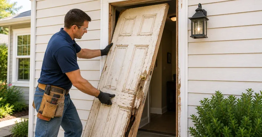 warped exterior door frame showing weather damage in Maple, Vaughan