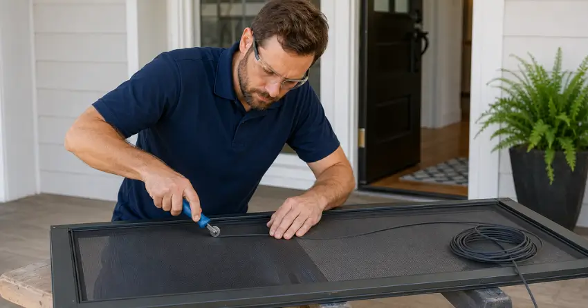 technician replacing screen door mesh and spline in Vaughan