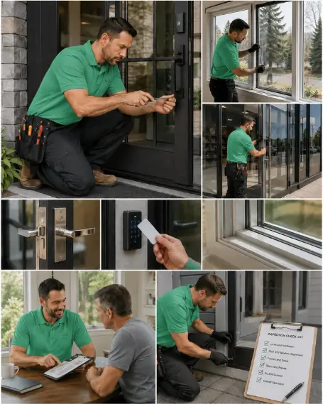A technician fitting new locking hardware to an entry door